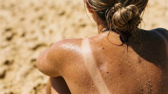 Woman with sun tan lines on her back sitting on the beach.