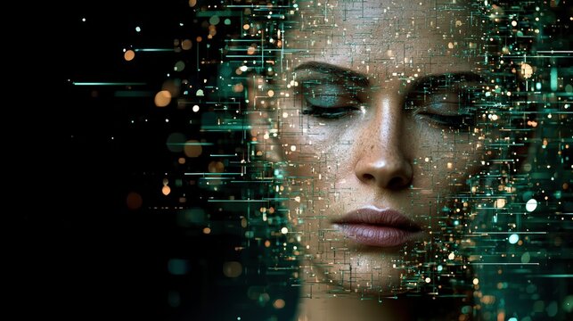 Human face formed by unbreakable glowing cryptographic glass chain with pitch black minimalist background on the left for vast copy space.