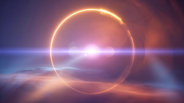 Glowing golden circular ring with bright lens flare and cosmic light effects in deep space