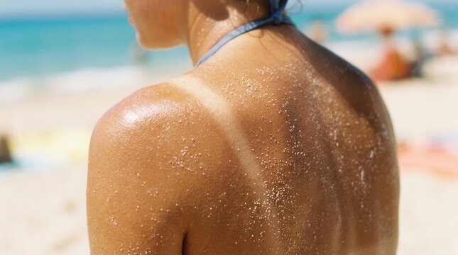 Woman with visible tan lines on her back at the beach.
