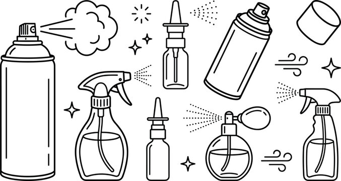 Aerosol and Spray Bottle Line Vector Icon Set with Pump Sprayer Nasal Dropper Perfume and Cleaning Cosmetic Packaging Elements