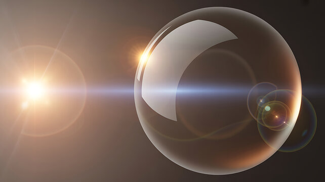 Transparent glass sphere bubble with dramatic sun flare and horizontal light streaks on dark