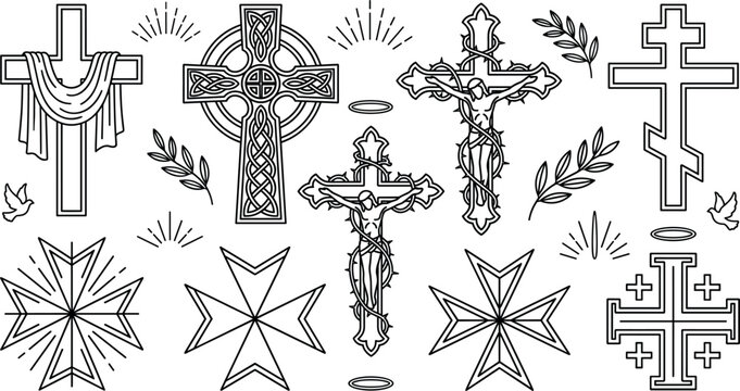 Christian Cross and Religious Symbols Line Vector Icon Set with Crucifix Celtic Orthodox Maltese and Jerusalem Cross Designs