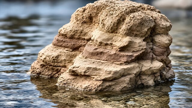 Natural sandstone rock formation emerging from clear water with geological layers and rippling surface reflections