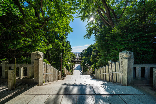 Stone staircase leading to Miyajidake Shrine with sun flare through trees in Fukutsu, Fukuoka, Japan