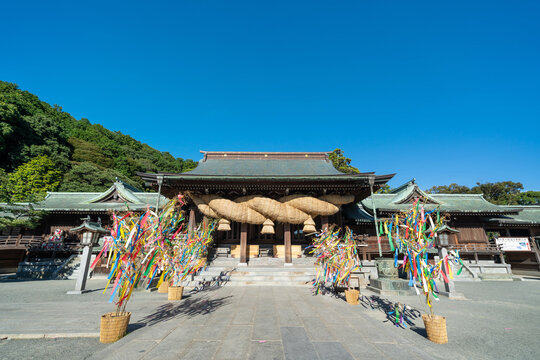 Miyajidake Shrine main hall with giant shimenawa sacred rope in Fukutsu, Fukuoka, Japan