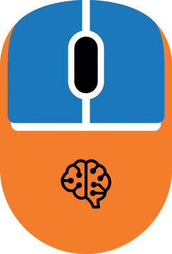 Computer mouse device with brain symbol on orange and blue, for technology and artificial intelligence concept.