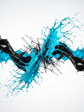 Black and cyan liquid streams sweep across the frame in a dynamic abstract wave with fine droplets.