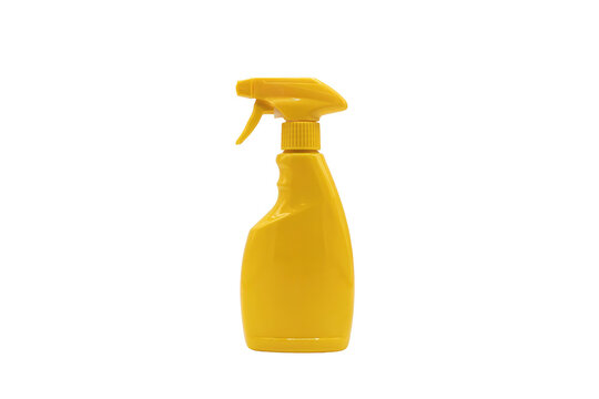A bright yellow plastic spray bottle with a trigger mechanism for household cleaning liquids, isolated on a white background, for clear display