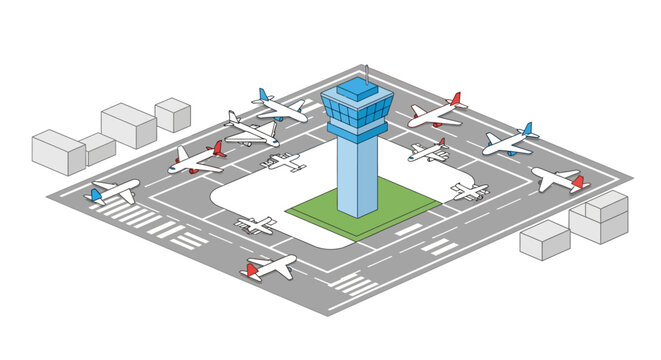 Isometric illustration of airport with control tower and airplanes.