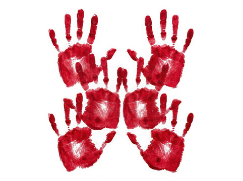 Symmetrical pattern of vivid red handprints, isolated on a pure transparent background, symbolizing warning or human rights