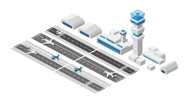 Isometric airport terminal with planes and control tower.
