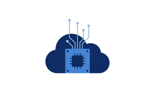 A blue cloud featuring a central computer processor chip with integrated circuit lines extending upwards, isolated on a white background