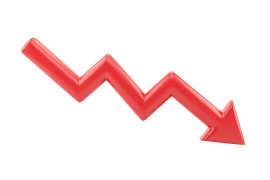 A glossy red three dimensional zigzag arrow pointing downwards, symbolizing a financial decline, loss, or negative trend on a white background