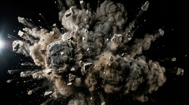 Dramatic explosion of debris and smoke isolated on black background.
