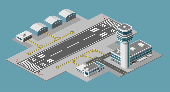 Modern airport terminal with control tower and runway.