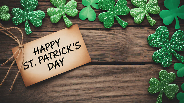 Happy st patricks day card on rustic wooden background with sparkling shamrock leaves