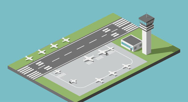 Isometric view of a small airport with runway and control tower.