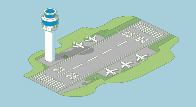 Aerial view of airport runway with control tower and airplanes.