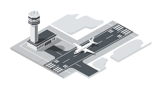 Modern airport terminal with control tower and aircraft on runway.