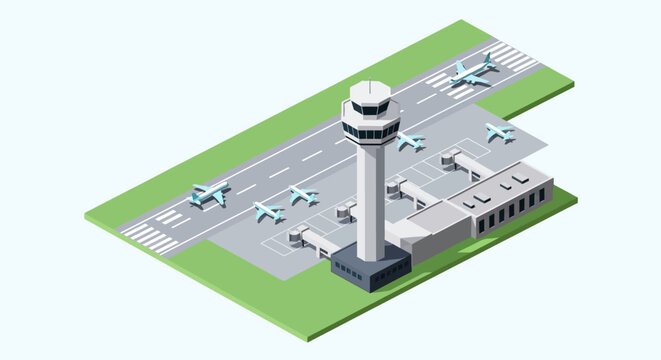 Modern airport terminal with control tower and airplanes on runway.