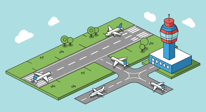 Isometric illustration of a busy airport with planes and control tower.