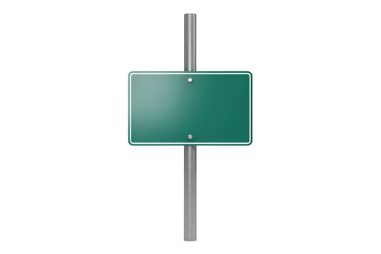 A blank green rectangular road sign with a white border, attached to a vertical grey metal pole, isolated against a solid black background