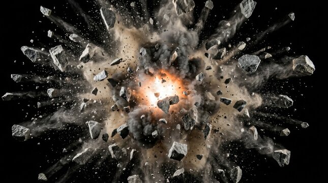 Dramatic explosion with flying debris and glowing light on black background.