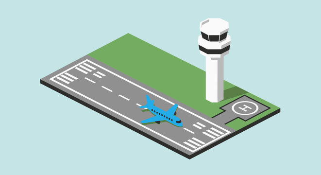 Isometric illustration of airport runway and control tower.