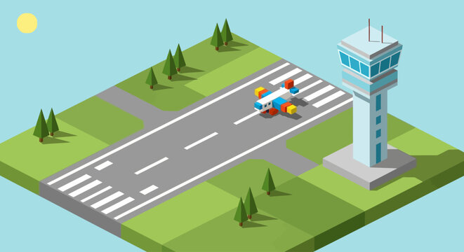 Colorful isometric airport scene with plane and control tower.