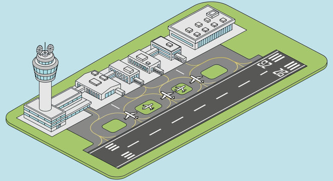 Aerial view of a modern airport with runways and terminal buildings.