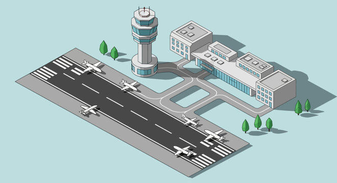 Isometric illustration of a modern airport terminal and runway.