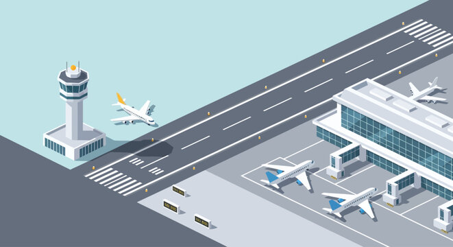 Colorful isometric illustration of a busy airport terminal and runway.