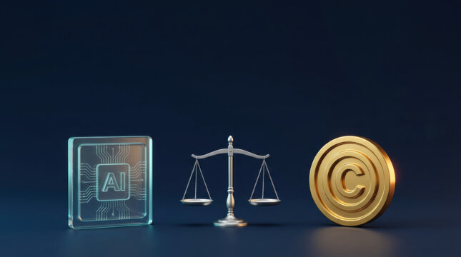 AI copyright regulation and intellectual property balance concept. Silver scales of justice between artificial intelligence microchip and gold copyright symbol.