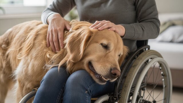 Person in wheelchair gently pets golden retriever in cozy home