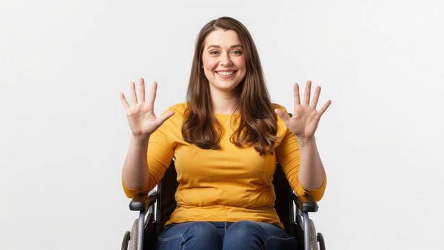 Smiling Woman in Wheelchair with Hands Raised Against Blank Background
