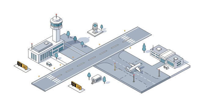 Isometric illustration of a modern airport terminal with airplanes.