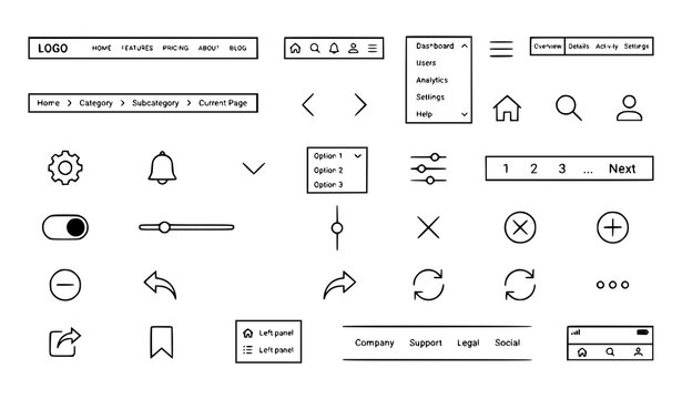 :
Website navigation bar bottom menu sidebar tabs buttons and UI UX editable vector design elements