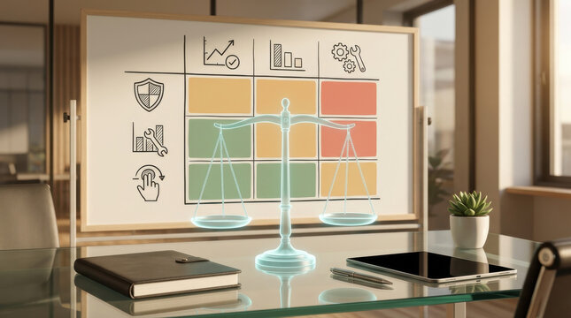 Business risk assessment and ethical strategy planning. Transparent scales of justice on office desk with compliance matrix and performance charts on whiteboard.