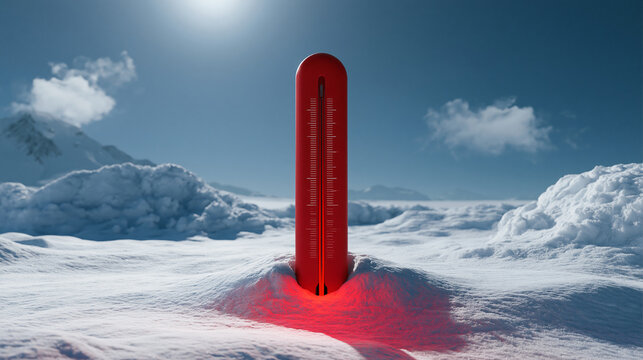 A bright red thermometer standing upright in the deep snow of a frozen arctic landscape. It illustrates global warming or extreme cold weather climate concepts.