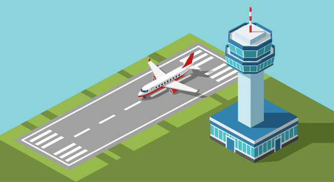 Modern airport control tower and runway with airplane taking off.