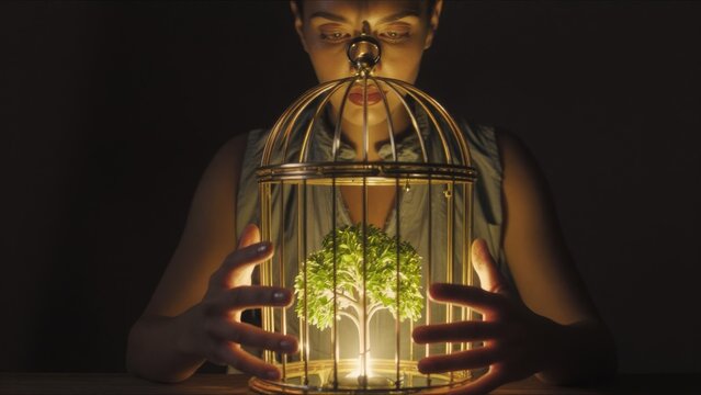 Woman Holding Birdcage with Illuminated Tree Symbolizing Hope