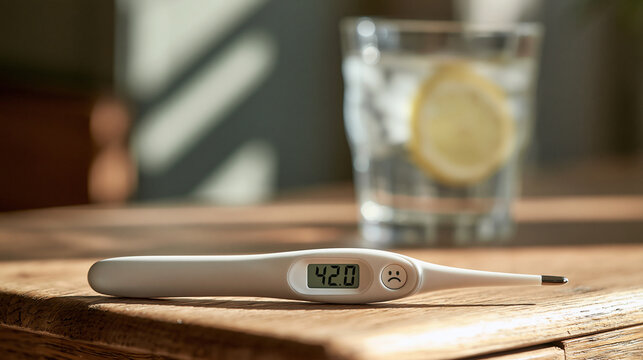 A digital thermometer displaying a high fever sits on a wooden table beside a glass of water. This medical scene is ideal for healthcare and illness concepts.