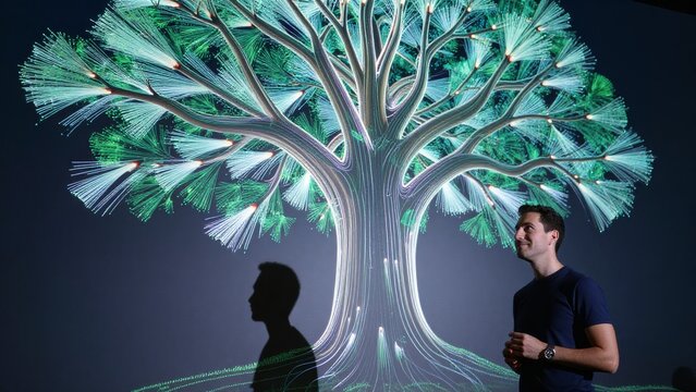 Digital Tree Art with Person Observing Interactive Technology Display