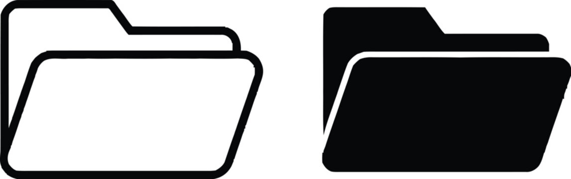 File folders icon silhouette vector outline and line art. Folder Icons: Set of two solid and outline illustrations of open folders. Folder icons set, File organization symbols, Document tab icon set. 