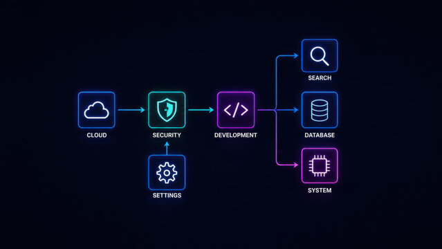 Software development architecture flowchart with cloud computing and database integration. Neon digital system diagram showing cybersecurity and search infrastructure.