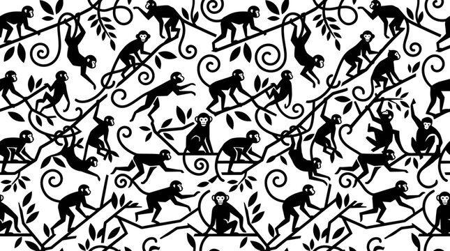 Black and white seamless pattern featuring playful monkeys climbing on branches with leaves, ideal for textile printing, wallpaper design and wrapping paper