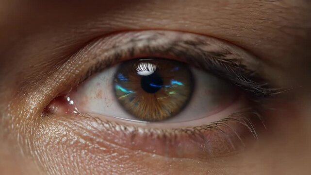 Macro shot of a human brown eye with colorful light reflections and detailed iris texture.