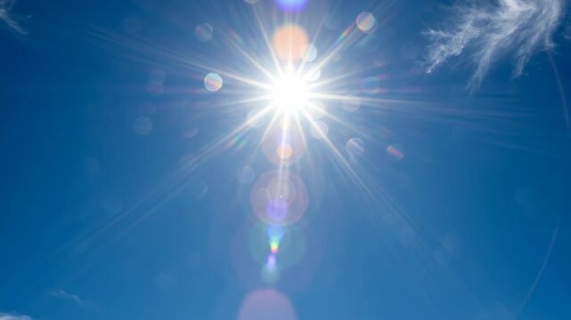 Summer heat wave extreme sunburst lens flare bright blue sky sunlight sunbeam cloud clear weather hot. Global warming climate change. hot high temperature sun weather, danger risk emergency crisis