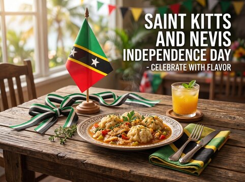 Salt fish and boiled dumplings served on a plate with a saint kitts and nevis flag and a glass of orange juice on a rustic wooden table for independence day celebration